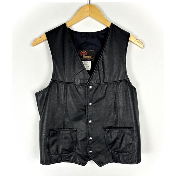 Vintage Black Leather Western Biker Vest - Snaps - Men's - Made in Canada - S/M - Picture 1 of 10